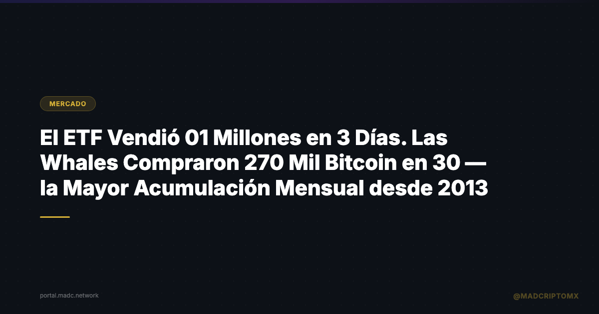 El ETF Vendió $501 Millones en 3 Días. Las Whales Compraron 270 Mil Bitcoin en 30 — la Mayor Acumulación Mensual desde 2013