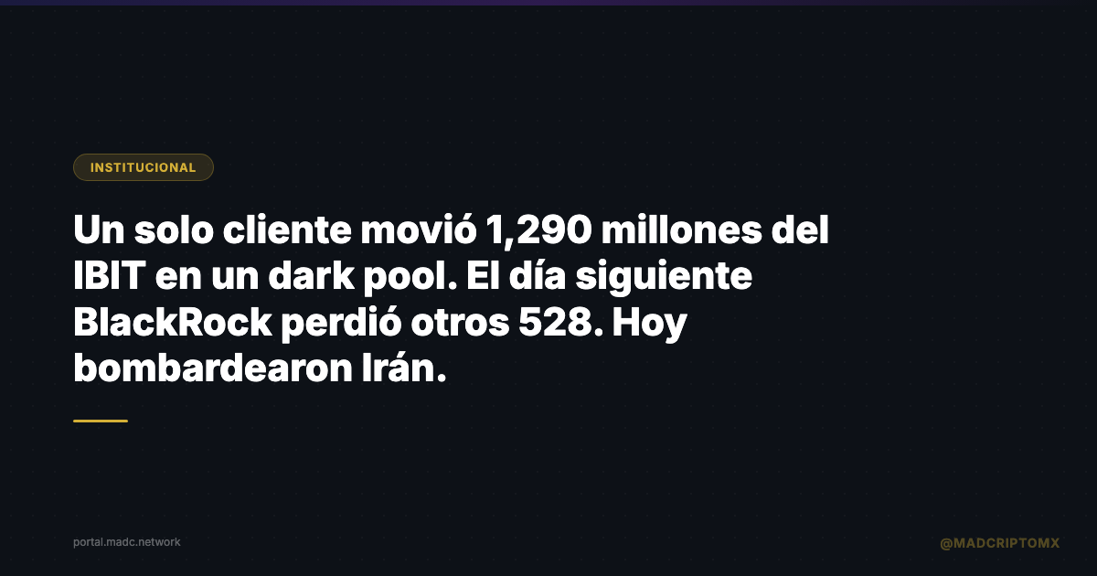 Un solo cliente movió 1,290 millones del IBIT en un dark pool. El día siguiente BlackRock perdió otros 528. Hoy bombardearon Irán.